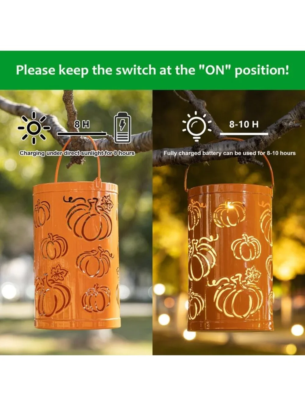 Set of 2 Fall Metal Pumpkin Lanterns - Solar Powered LED Decor for Halloween